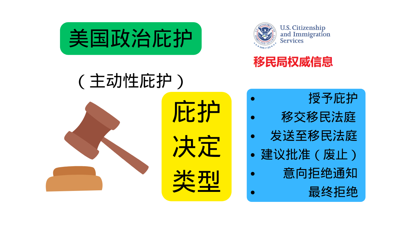 美国政治庇护（主动性庇护）决定的类型– 美国政治庇护